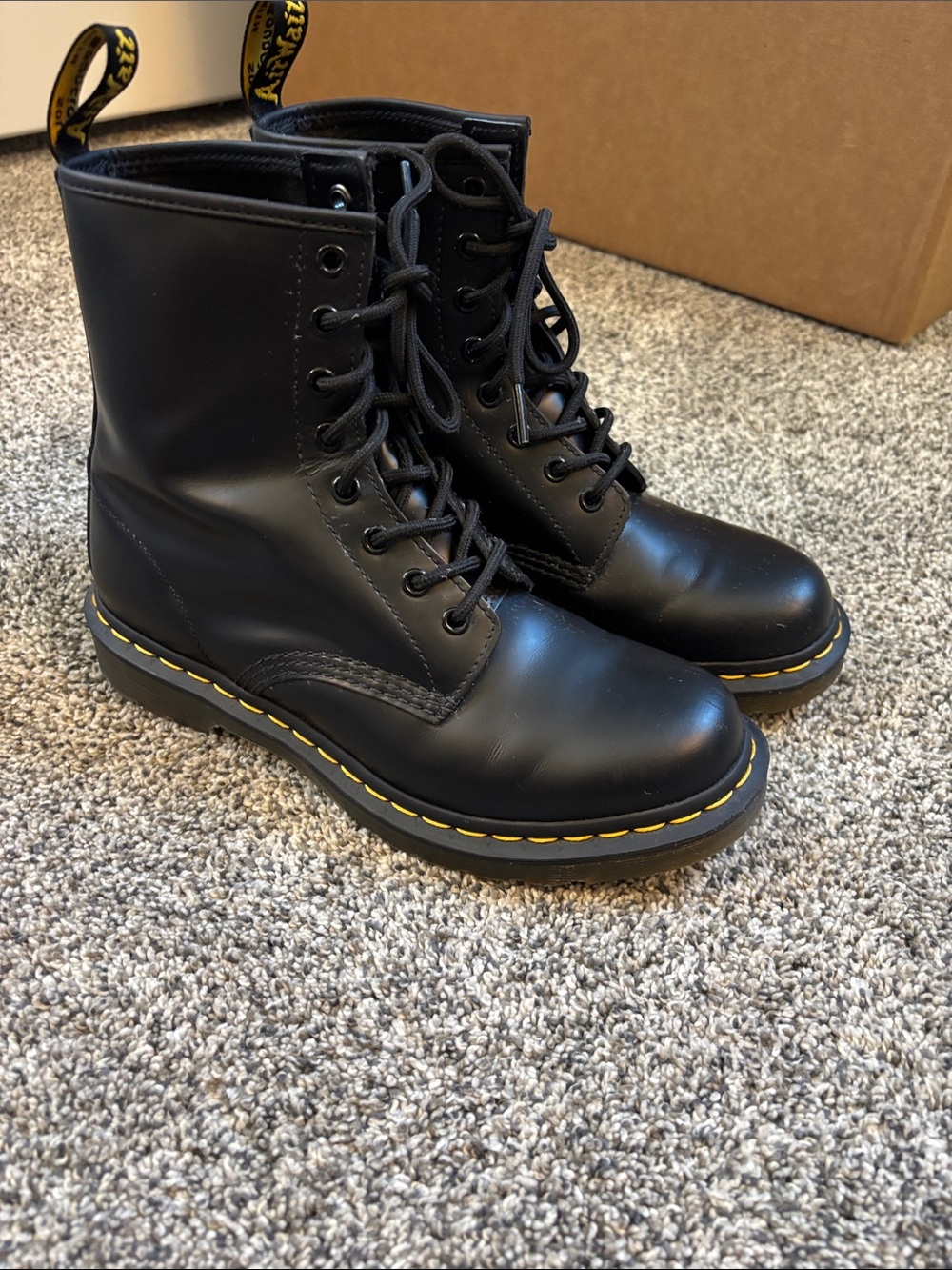 Dr. Martens Black Leather Lace-Up Boots with Yellow Welt Stitching